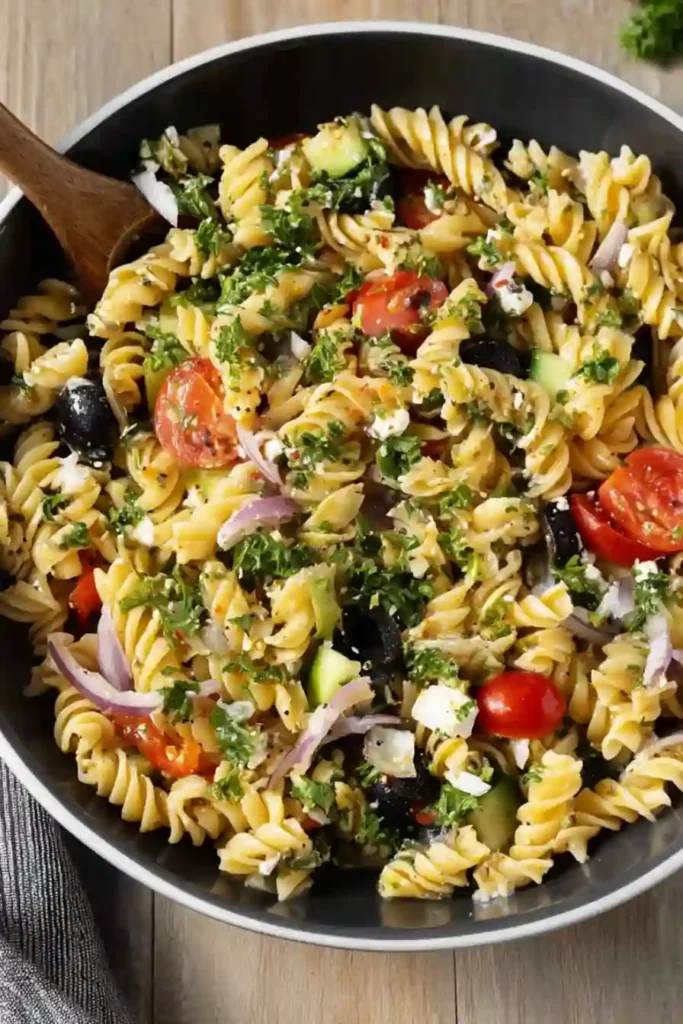 High Protein Pasta Salad Ingredients in a Black Bowl with Chickpea Rotini, Vegetables, and Feta
