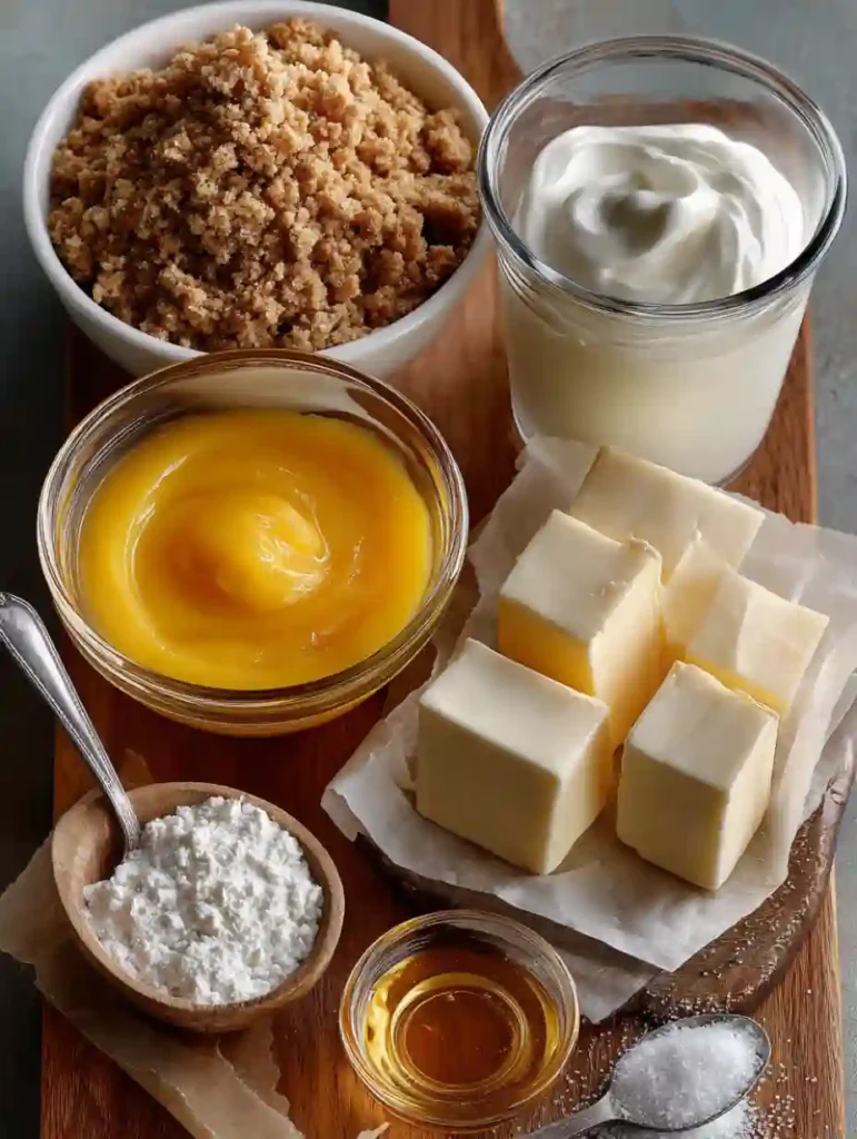 Flat-lay of ingredients for low-carb mango cheesecake bars on a wooden board