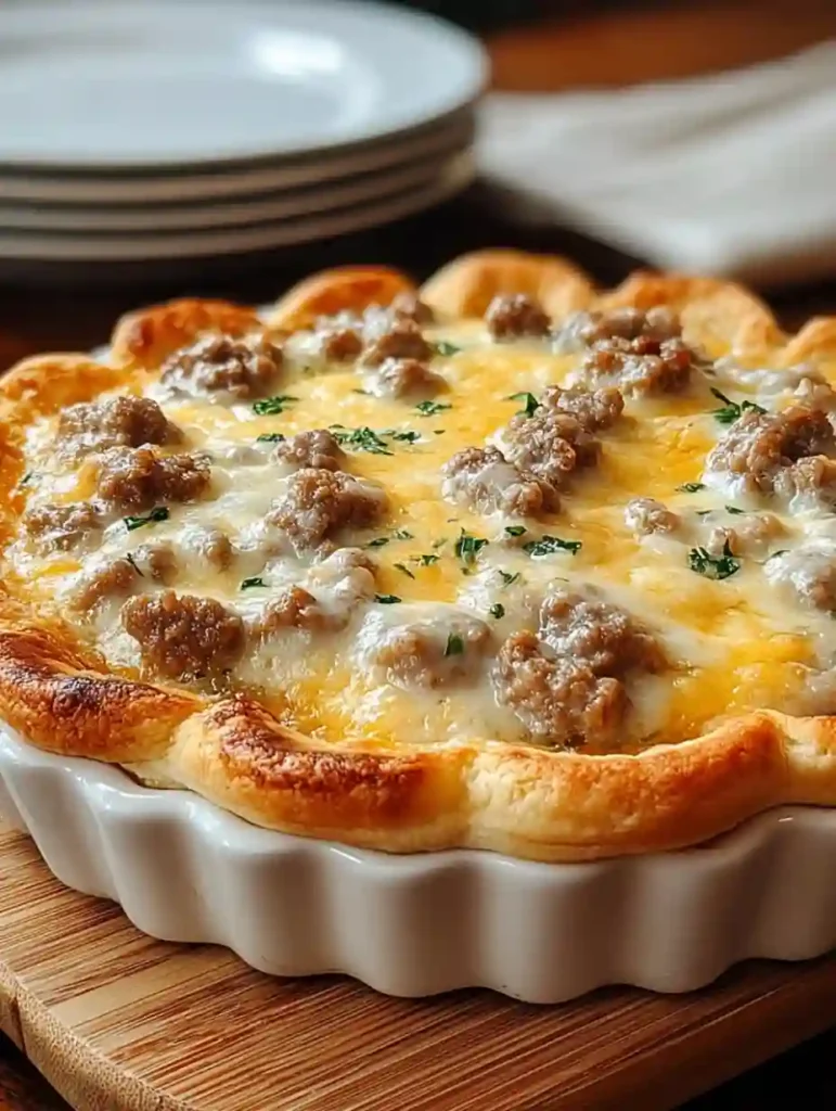 Baked biscuits and sausage gravy breakfast pizza cooling on wooden board
