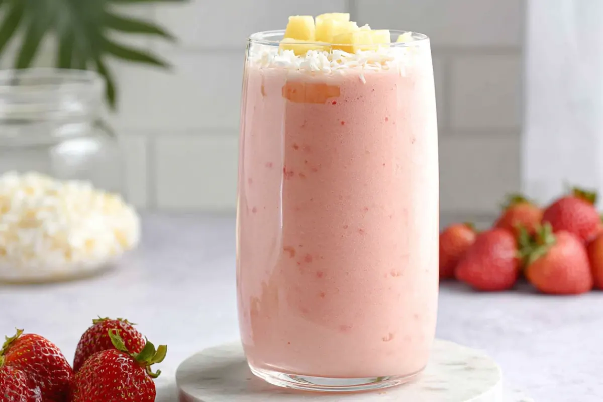 Refreshing Bahama Mama tropical smoothie topped with pineapple and coconut flakes