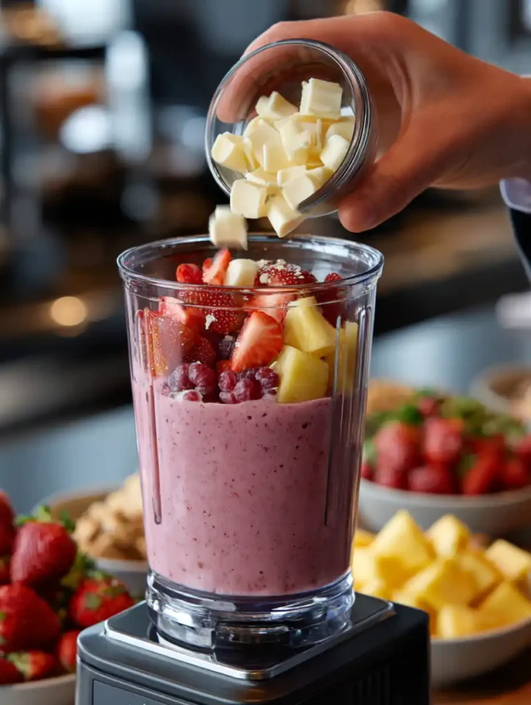 Hand adding white chocolate chips to a blender with strawberries, pineapple, and coconut
