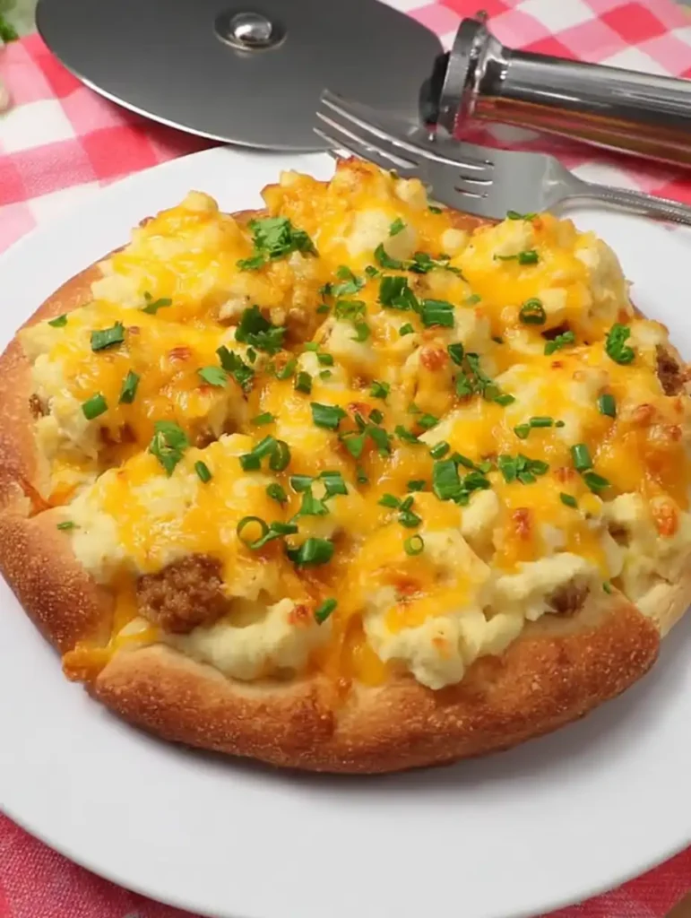Freshly baked breakfast pizza with sausage gravy and cheddar beside a pizza cutter and fork on a checkered cloth