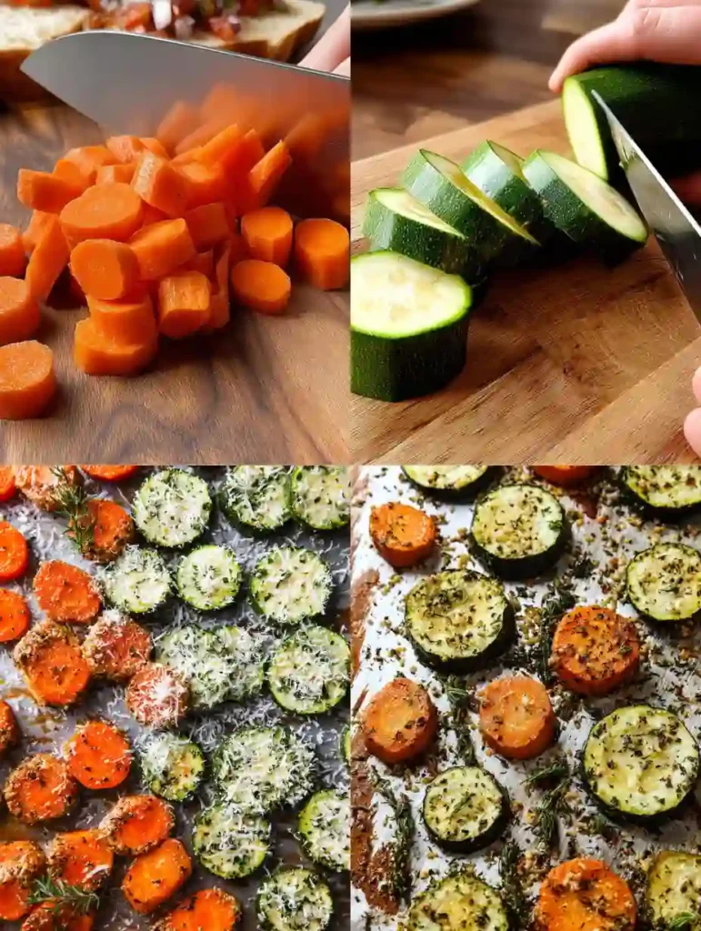 Four-panel collage showing chopping carrots, slicing zucchini, sprinkling Parmesan on veggies, and roasted rounds on a sheet pan.