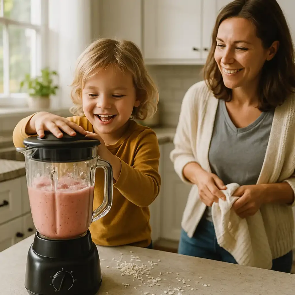 Child blending smoothie with smiling parent in cozy kitchen