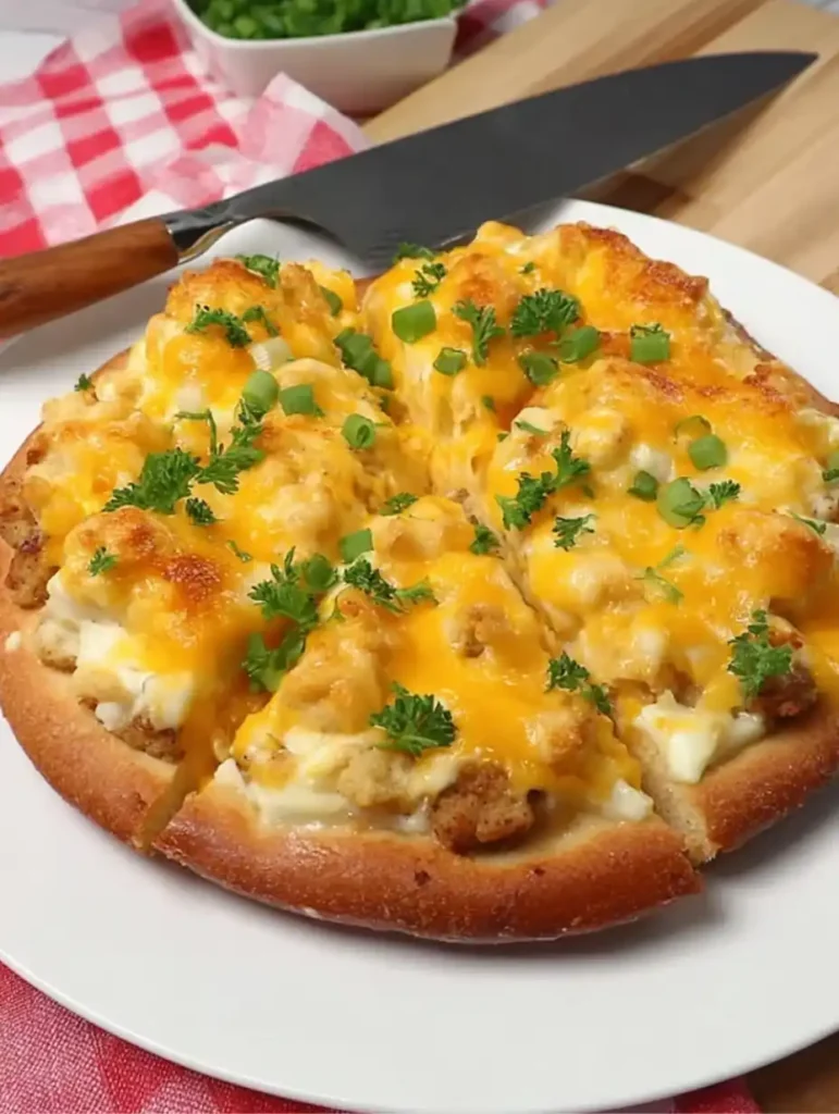 Sliced breakfast pizza on a white plate with melted cheese, parsley, and green onions, knife poised for serving