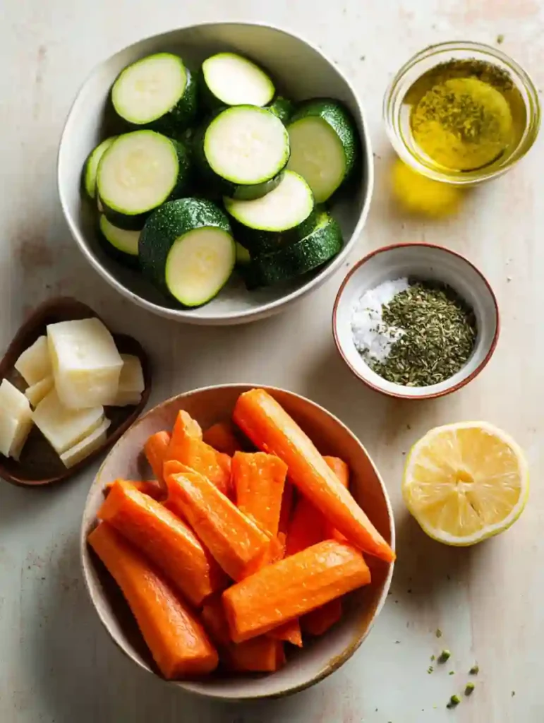 Overhead shot of sliced zucchini, carrot chunks, lemon halves, olive oil, dried herbs, garlic powder, and a Parmesan wedge in small bowls on a beige surface.