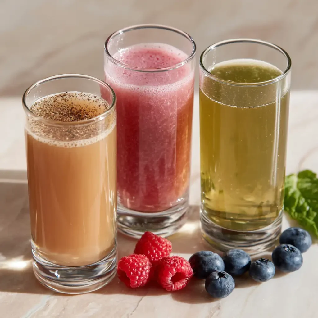Three variations of a natural weight loss drink including cayenne pepper, berry blend, and green tea versions.