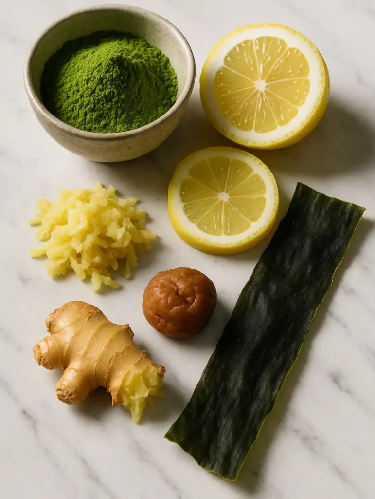 Key ingredients for the Japanese Mounjaro weight loss drink, including matcha, lemon, ginger, seaweed, and pickled plum.