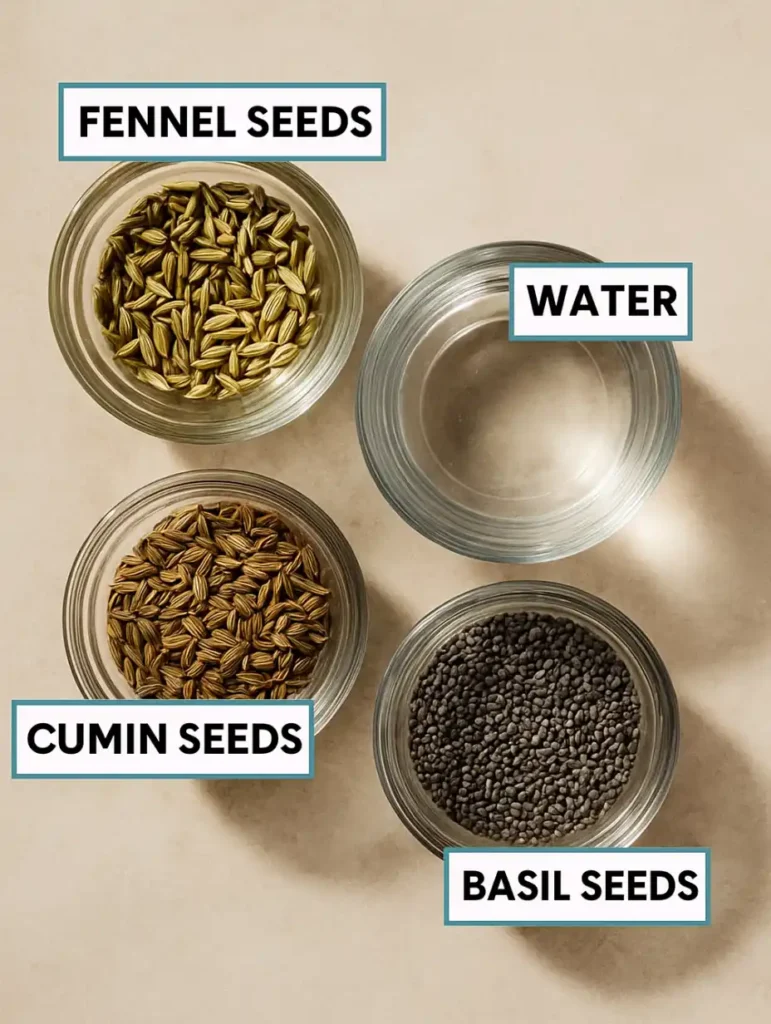 Overhead view of fennel seeds, cumin seeds, basil seeds, and water in small glass bowls for bariatric seed tea recipe for weight loss.