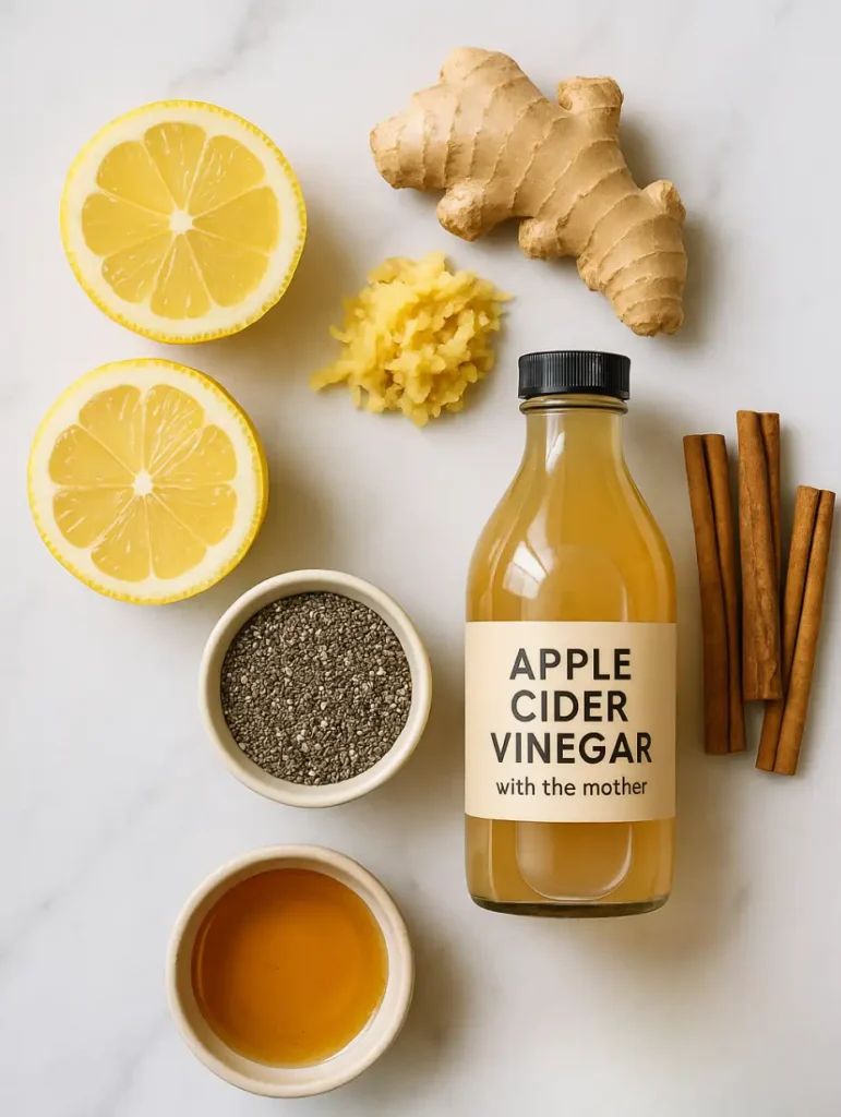 Fresh ingredients for a natural weight loss drink, including lemon, ginger, apple cider vinegar, chia seeds, honey, and cinnamon.