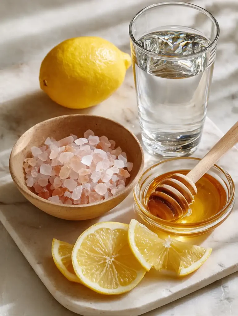 Fresh lemon slices, pink salt crystals, honey, and water neatly arranged as ingredients for a Japanese pink salt recipe.