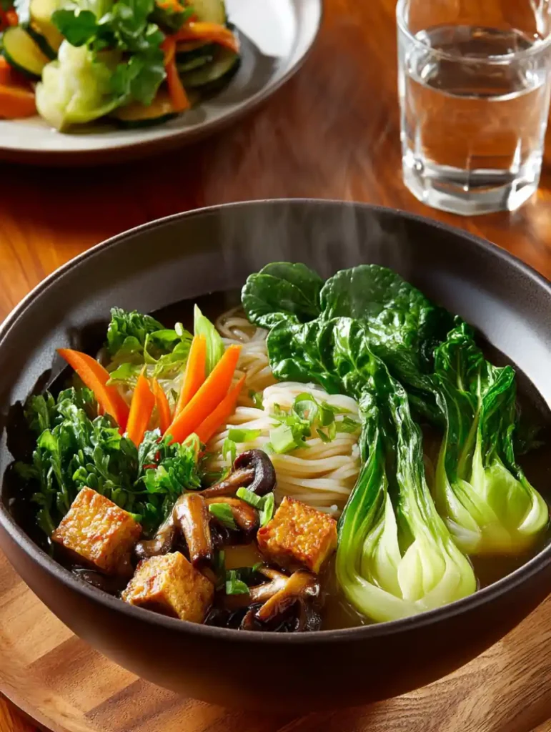 A nourishing Japanese Mounjaro-inspired bowl with bok choy, tofu, mushrooms, and soba noodles in a light broth.