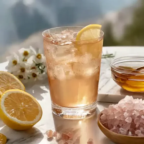 A refreshing glass of Japanese Pink Salt Recipe with lemon and honey, surrounded by pink salt crystals on a marble surface.