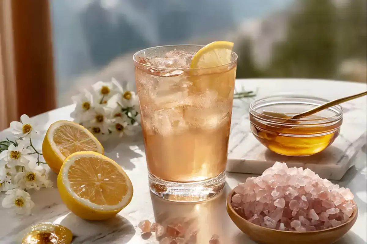 A refreshing glass of Japanese Pink Salt Recipe with lemon and honey, surrounded by pink salt crystals on a marble surface.