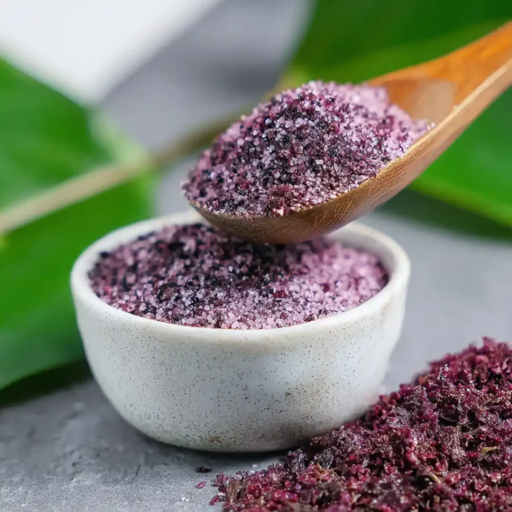 A small ceramic bowl filled with pink-purple Japanese shiso salt made from dried red shiso leaves.