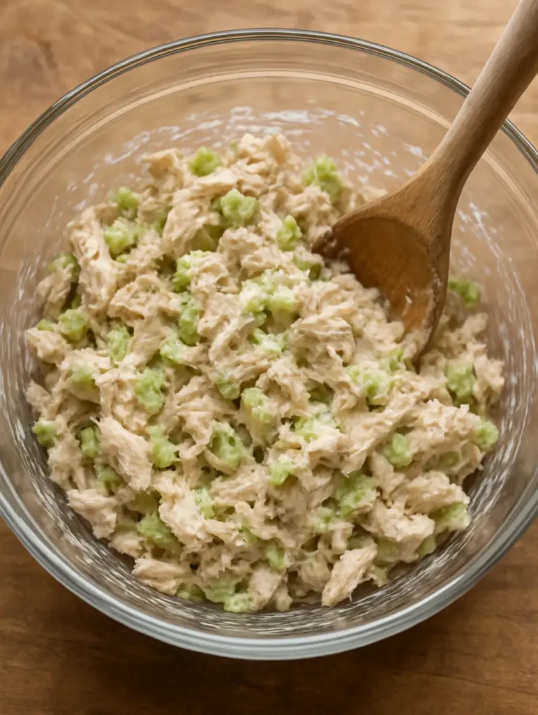 Shredded chicken and celery being folded with creamy dressing in a glass bowl for Costco chicken salad recipe.