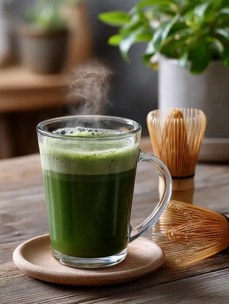 A hot cup of freshly whisked Japanese Mounjaro drink prepared with matcha, emitting steam and surrounded by a bamboo whisk.