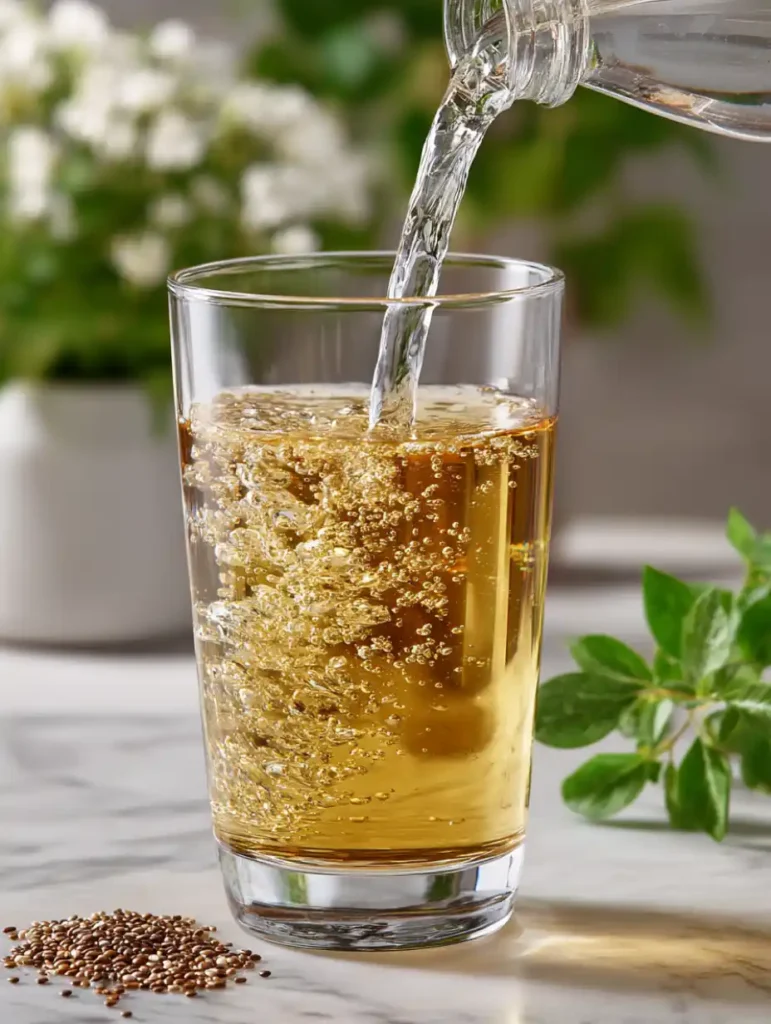 Water being poured into a glass of natural weight loss drink with chia seeds swelling at the bottom.