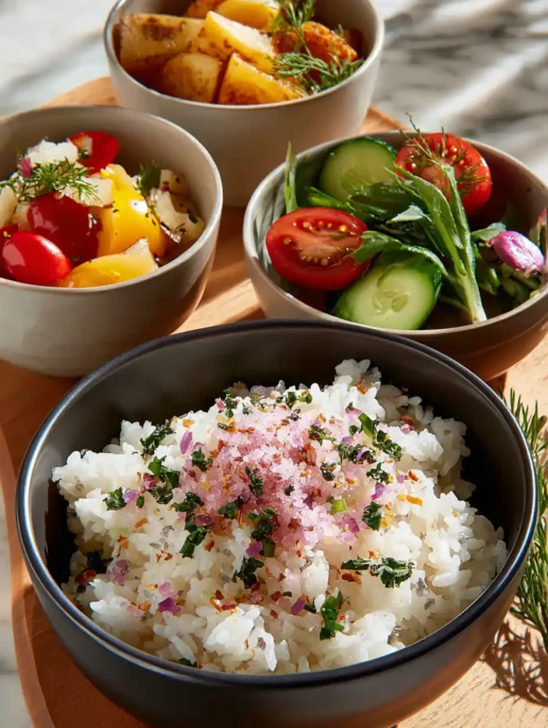 A bowl of steamed white rice sprinkled with pink shiso salt seasoning alongside Japanese side dishes.