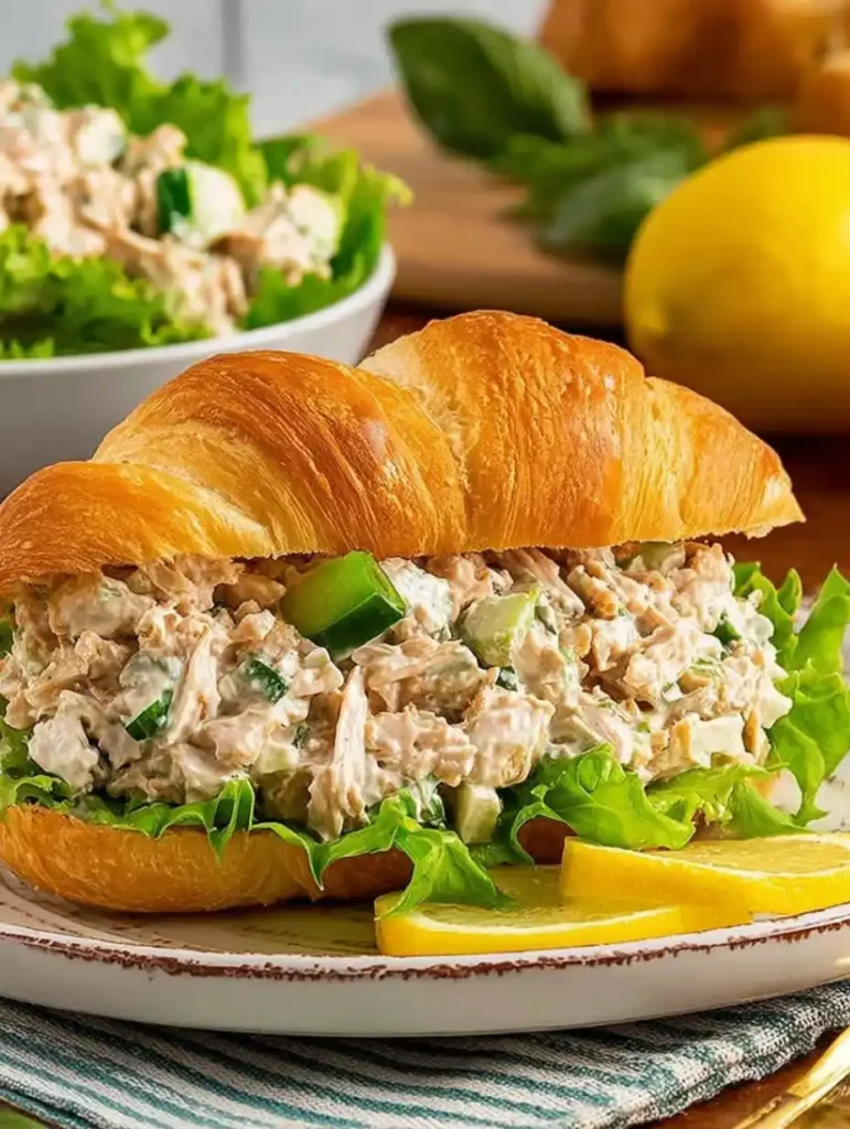 Costco chicken salad recipe served in a buttery croissant with lettuce and cucumber slices.