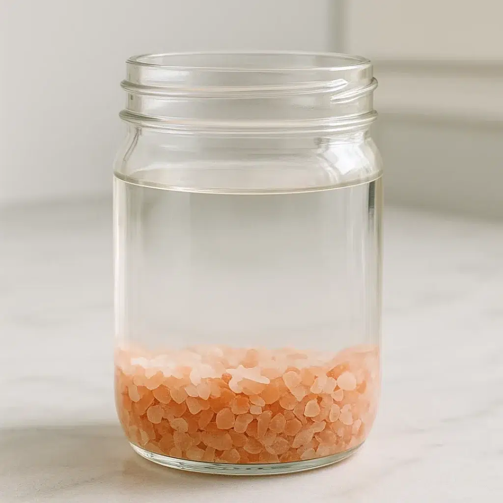 A glass jar filled with coarse Himalayan pink salt crystals and water, showing the concentrated sole water method.