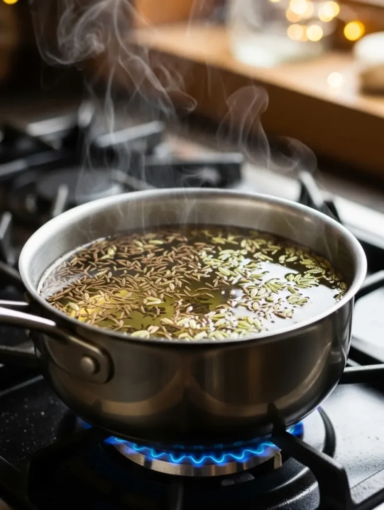 Stainless steel saucepan simmering cumin and fennel seeds in water for bariatric seed tea recipe for weight loss, light steam rising.