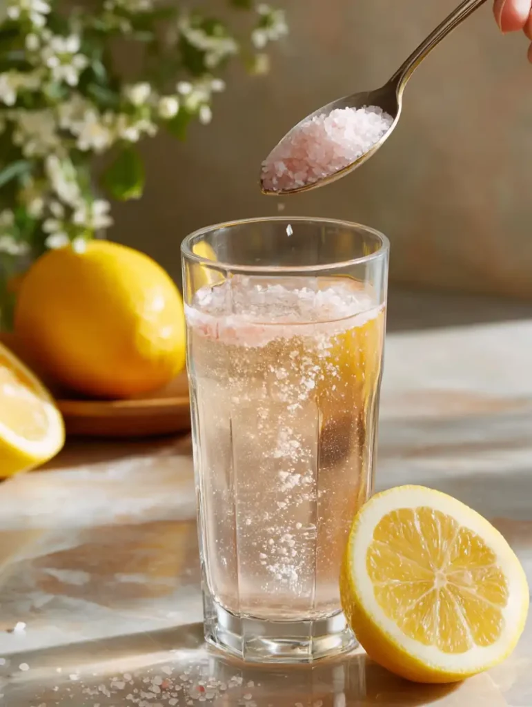 A tall glass of water being infused with Himalayan pink salt and lemon, the base of the classic pink salt trick recipe.