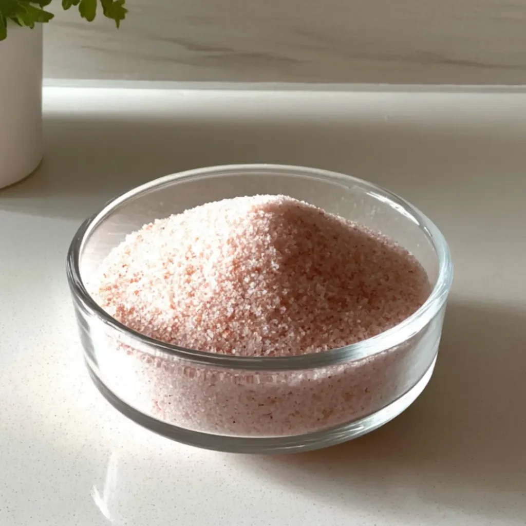 A bowl of fine Himalayan pink salt in natural lighting, essential for the pink salt trick recipe.
