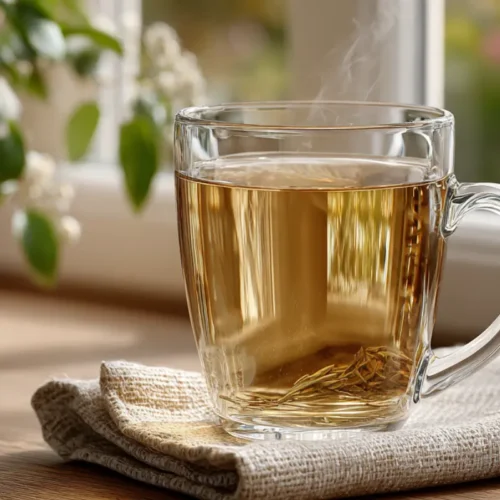 A steaming clear glass mug of bariatric seed tea for weight loss placed on a folded cloth near a window, showcasing its golden color.