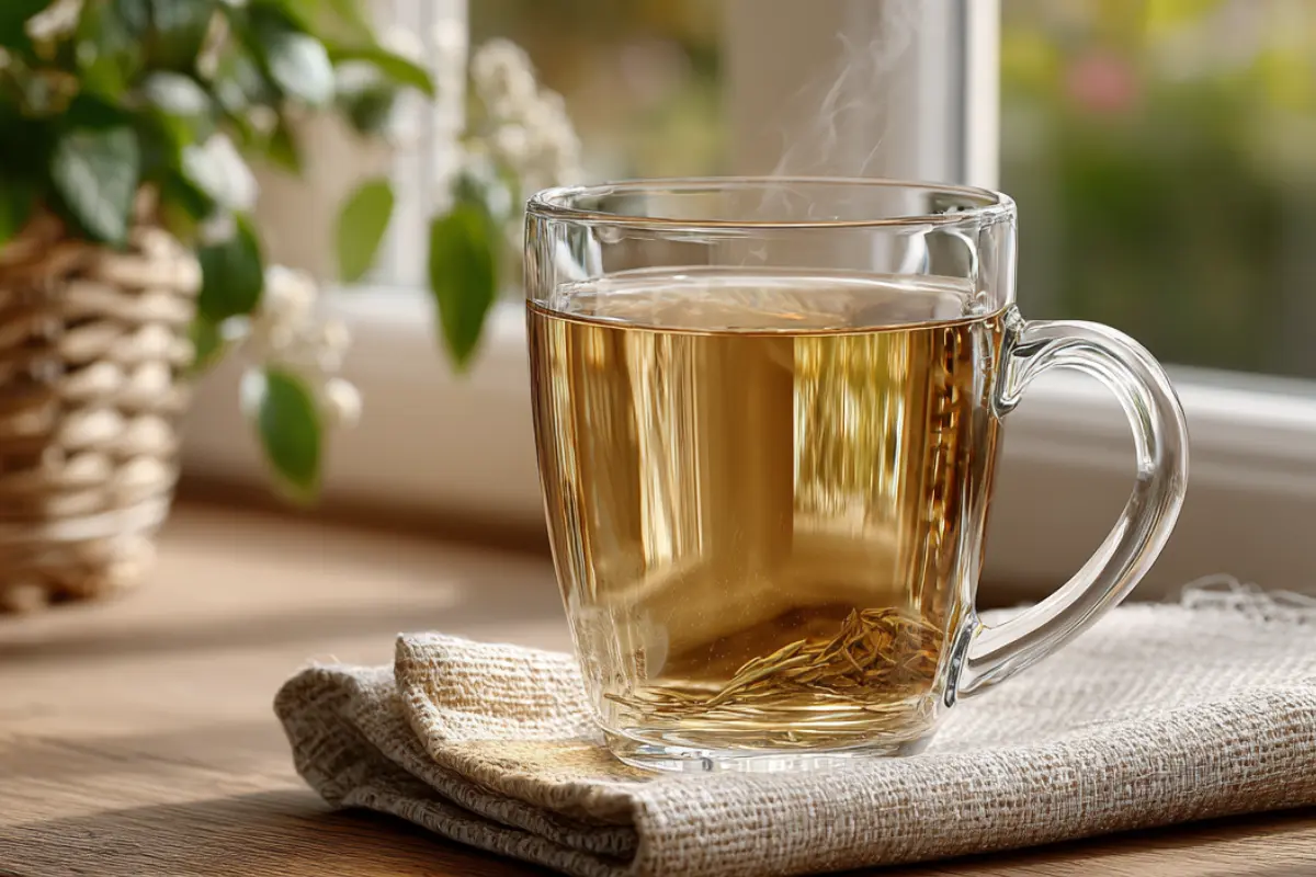 A steaming clear glass mug of bariatric seed tea for weight loss placed on a folded cloth near a window, showcasing its golden color.