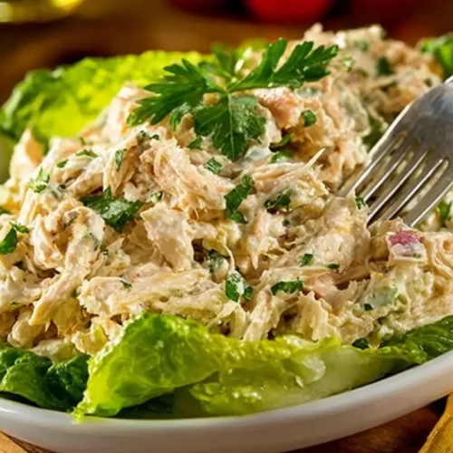 Creamy Costco chicken salad recipe served on crisp romaine lettuce with parsley garnish.