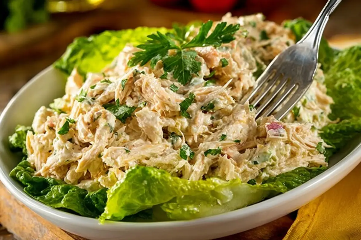 Creamy Costco chicken salad recipe served on crisp romaine lettuce with parsley garnish.