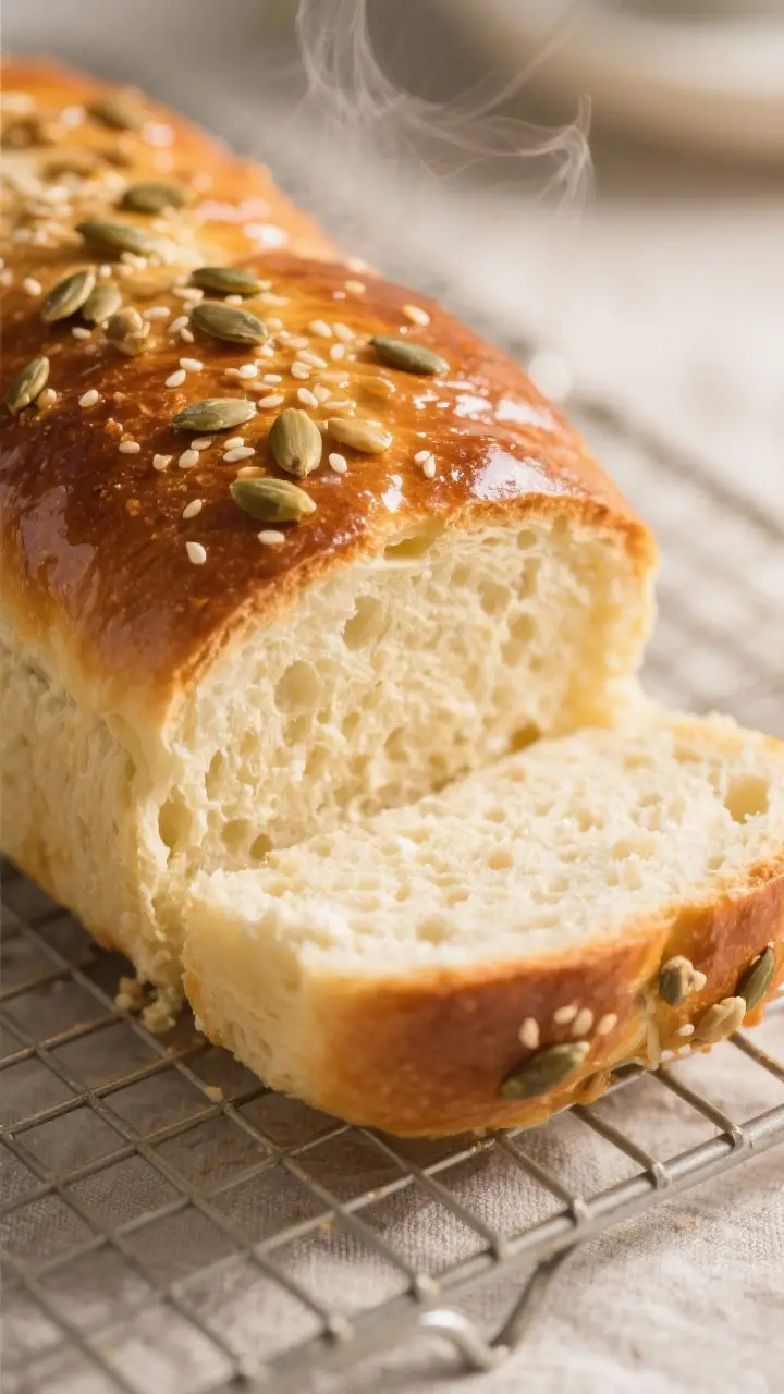 Close-up detail: A freshly baked cottage cheese bread loaf just out of the pan, crust deeply golden