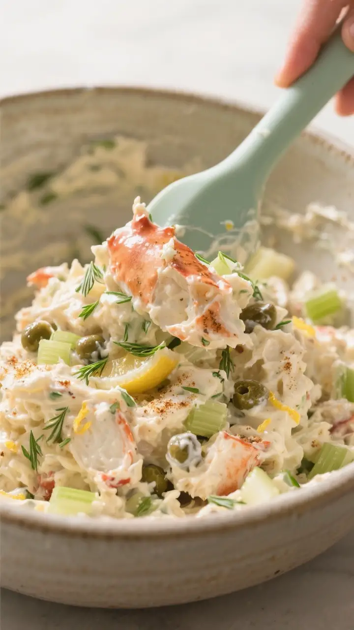 Close-up detail: A mound of creamy crab salad being gently folded with a silicone spatula in a ceram