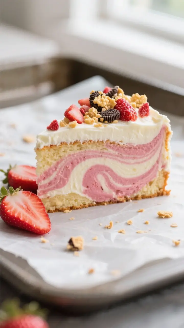 Close-up detail: A slice of strawberry–vanilla marbled sheet cake lifted from the pan, showing the