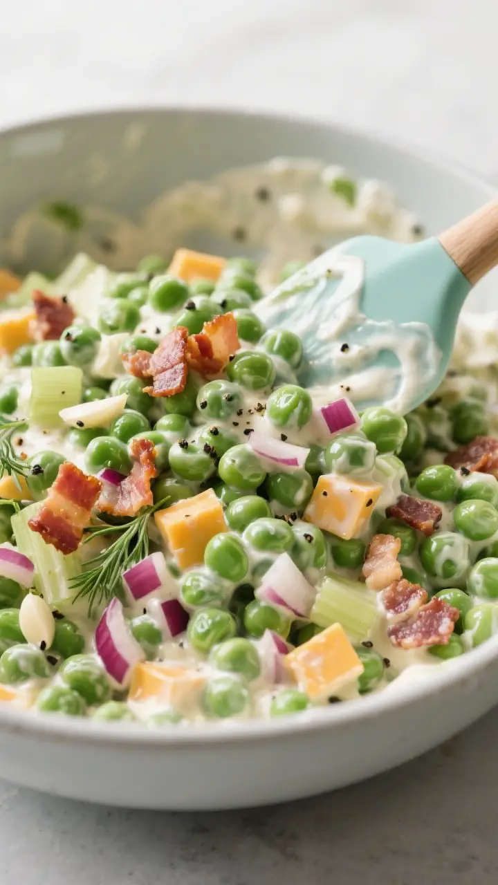 Close-up detail: Creamy pea salad mid-toss in a large mixing bowl, showing glossy, thawed peas coate