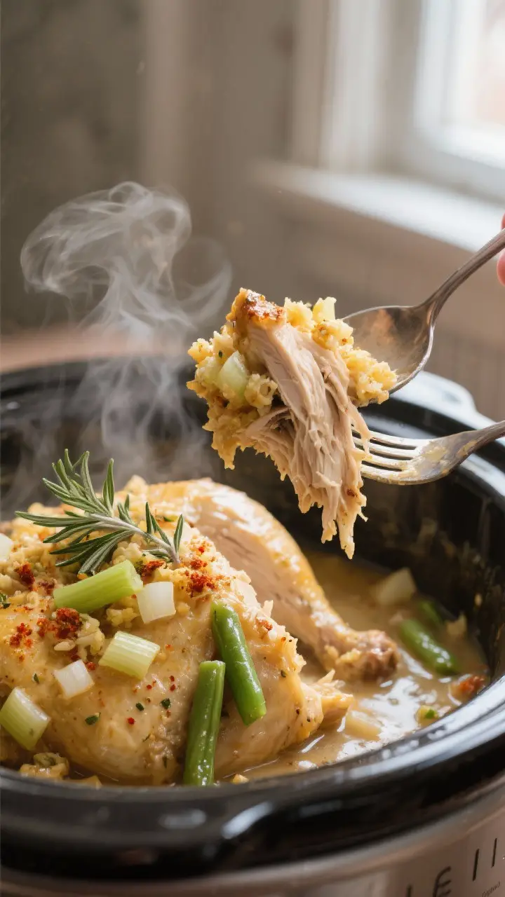 Close-up detail: Fork-tender crockpot chicken being gently pulled apart inside the slow cooker, topp
