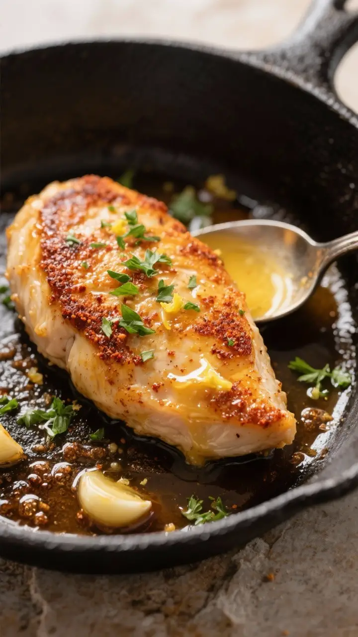 Close-up detail: Golden-seared chicken breast cutlet in a skillet, deeply caramelized crust from sea