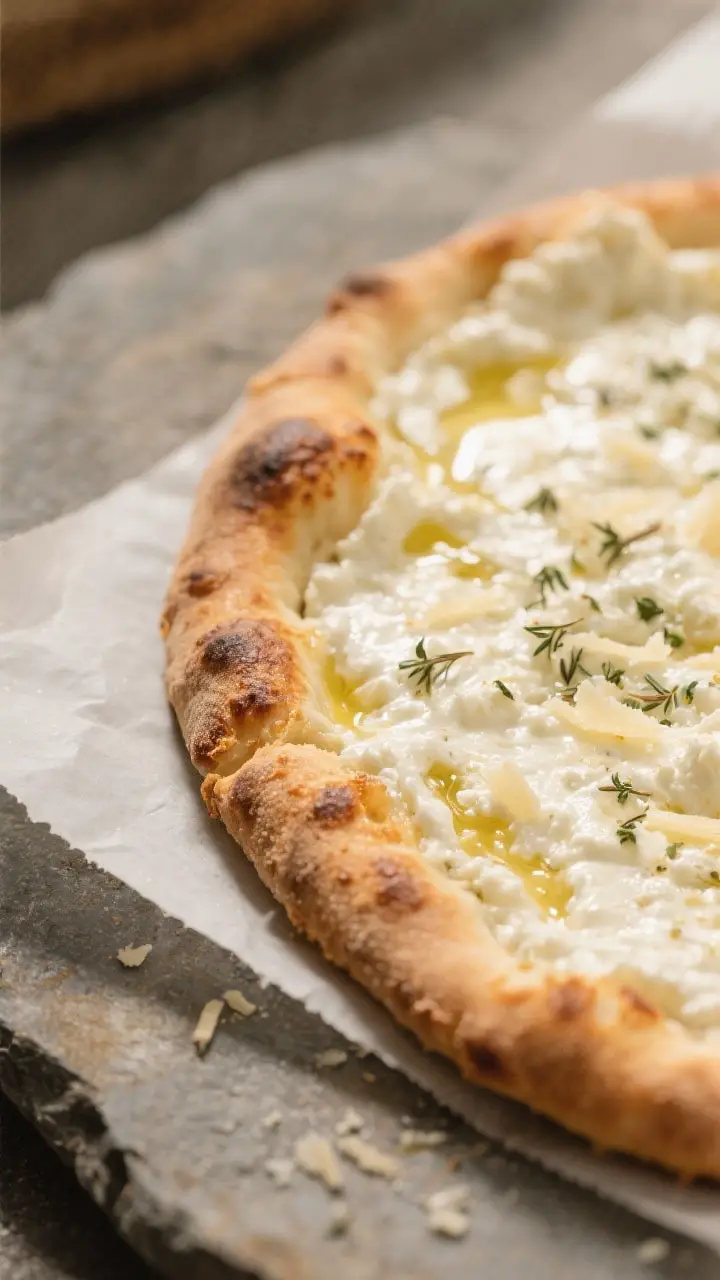 Close-up detail: Par-baked cottage cheese pizza crust just flipped, showing deeply golden underside