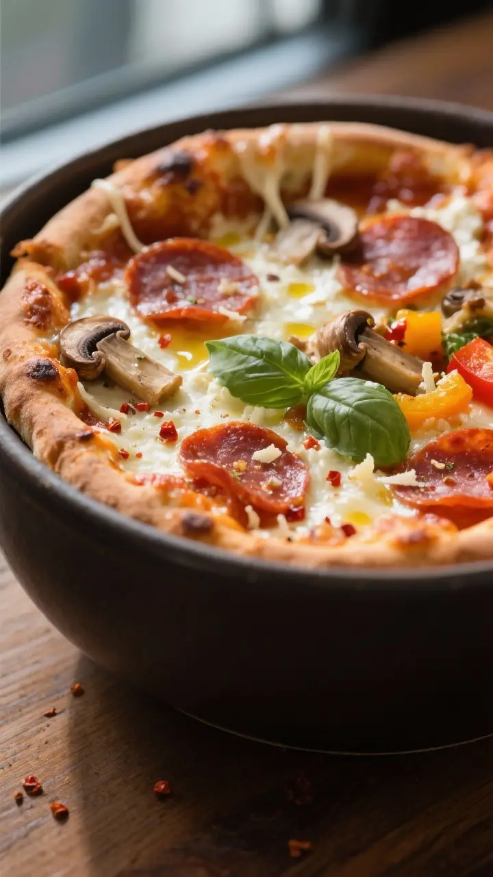 Close-up detail shot: A bubbling cottage cheese pizza bowl just out of the microwave with a browned,