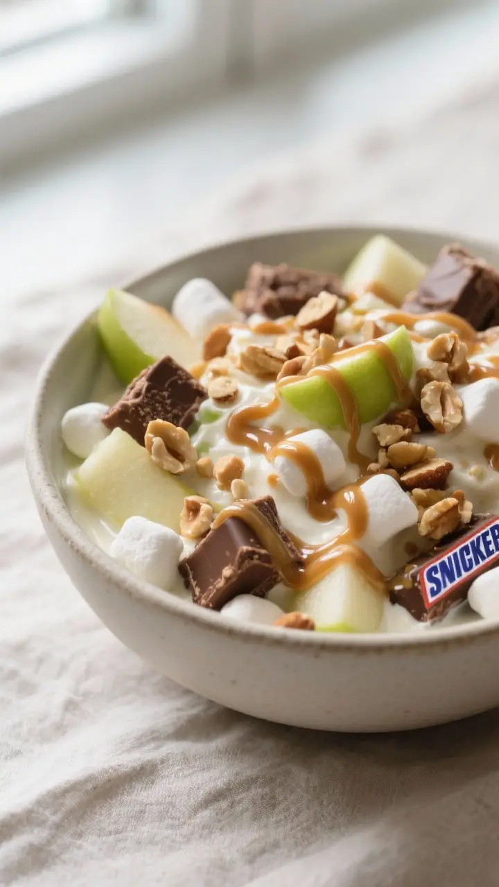Close-up detail shot: A creamy bowl of fully mixed Snickers Salad, showing glossy vanilla pudding–