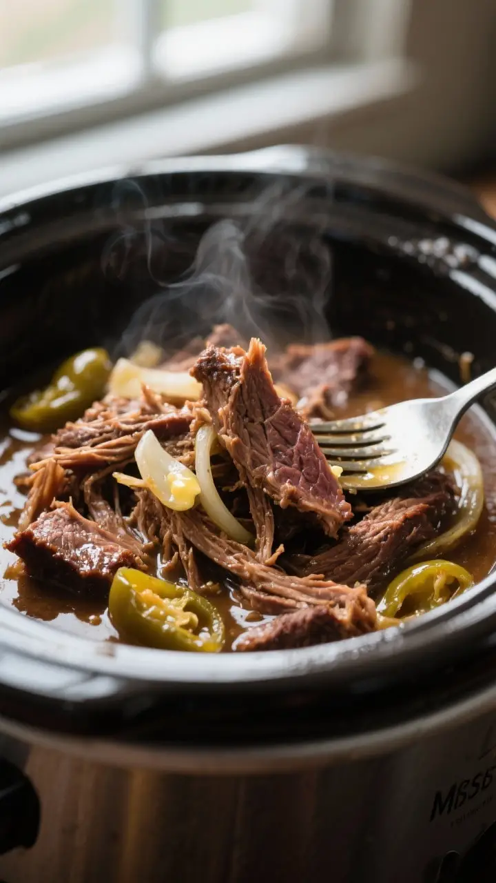 Close-up detail shot of fork-tender Mississippi pot roast being shredded in its juices inside a slow