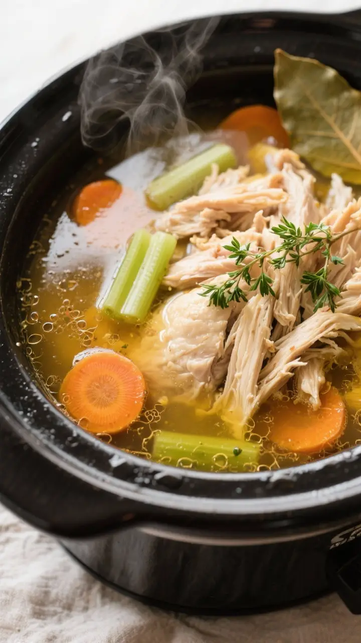 Close-up detail: Shredded slow-cooked chicken being returned to the crockpot in rich, golden chicken