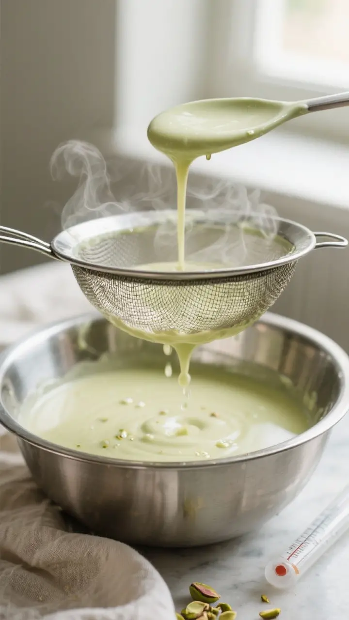 Close-up detail: Silky pistachio custard being strained through a fine-mesh sieve into a chilled sta