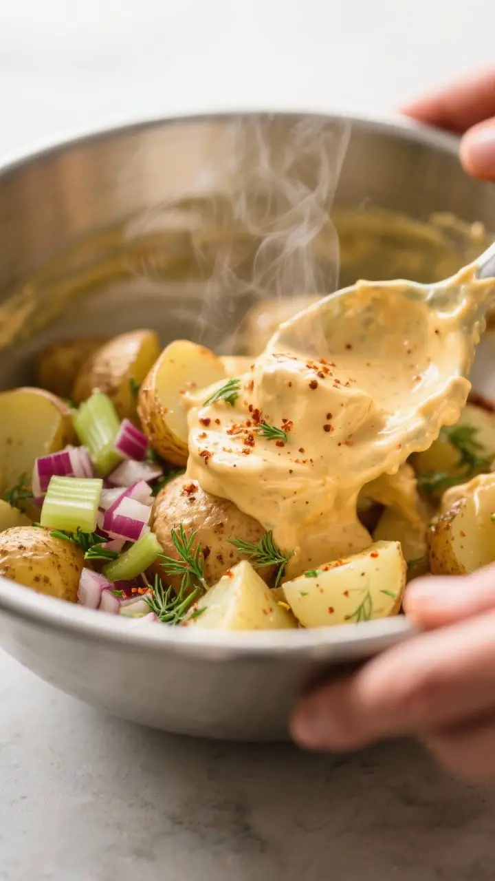Close-up detail: Warm, just-drained Yukon Gold potato chunks being gently folded with silky deviled-