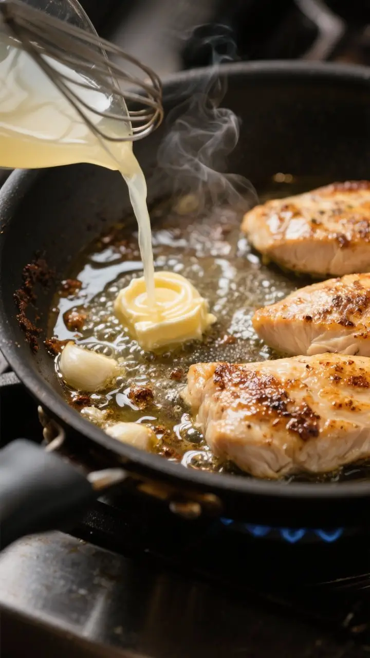 Cooking process: Action shot of deglazing phase in the skillet—garlic-butter sizzling, chicken bro