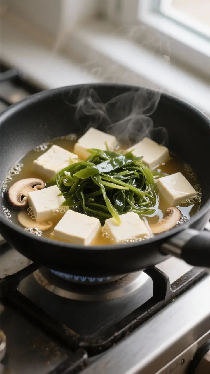 Cooking process close-up: Silken tofu cubes and rehydrated wakame gently warming in clear, golden da