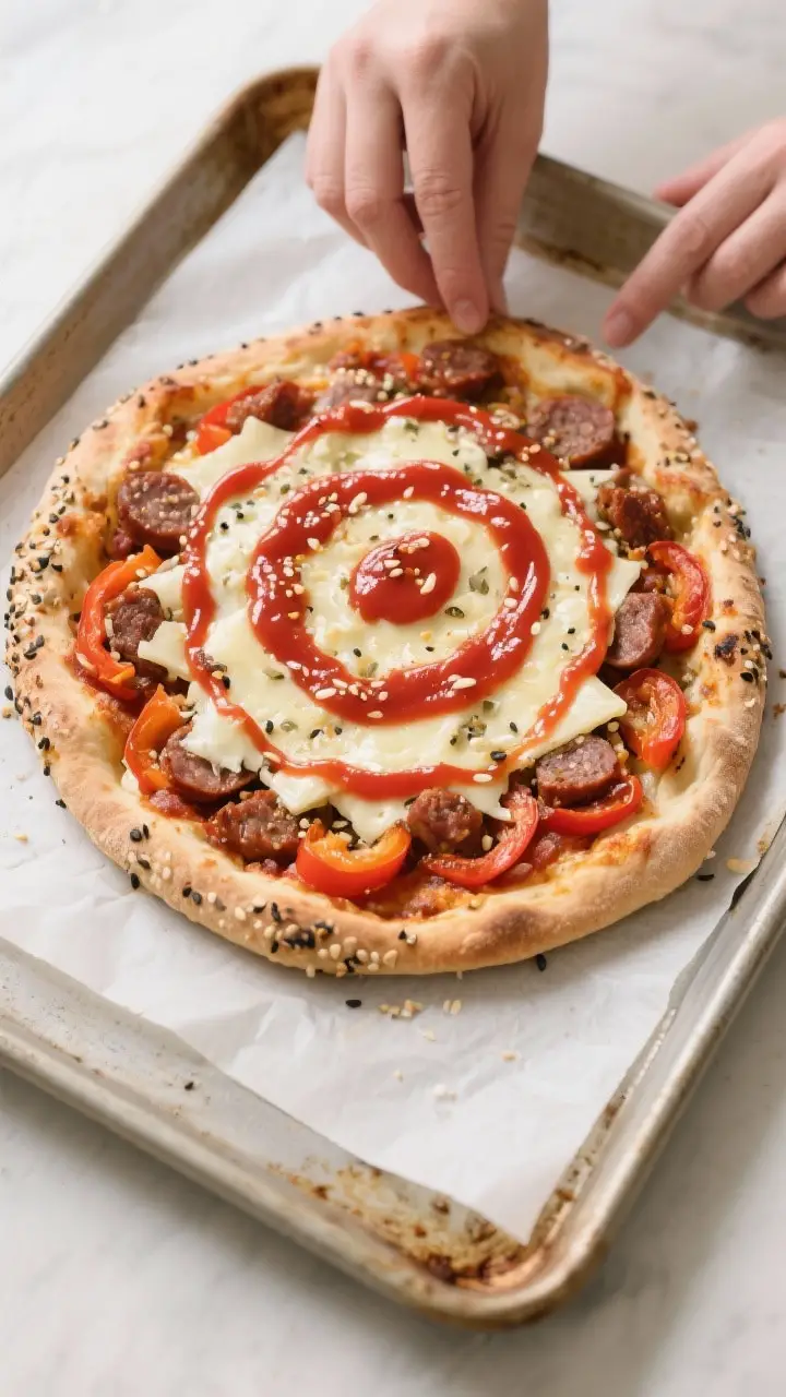 Cooking process: Overhead shot of the crust after par-bake being topped “smart”—a thin swirl o