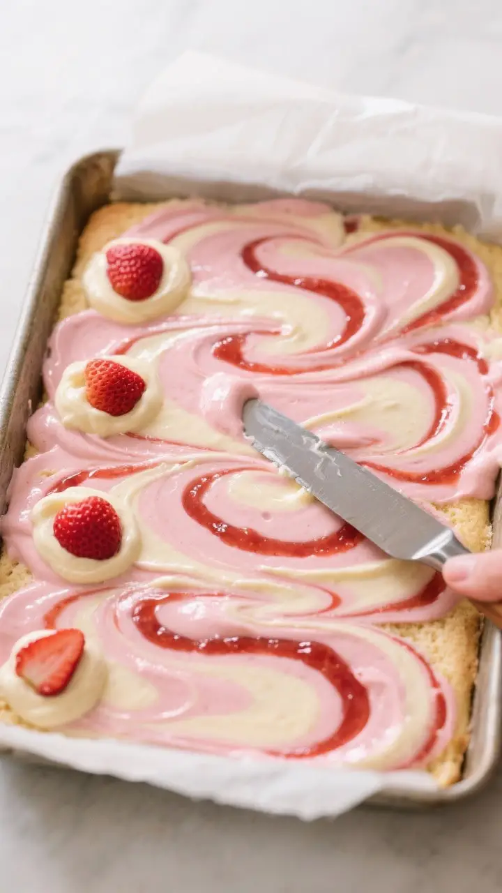 Cooking process: Overhead shot of the marbling step in a 9x13 pan—alternating dollops of vanilla a
