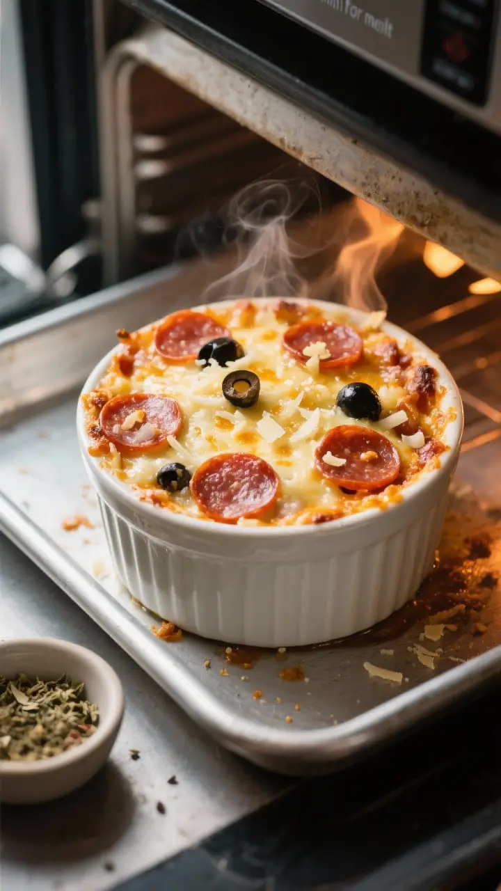 Cooking process shot: The “finish for melt” stage shown in an oven-safe ramekin under a broiler/